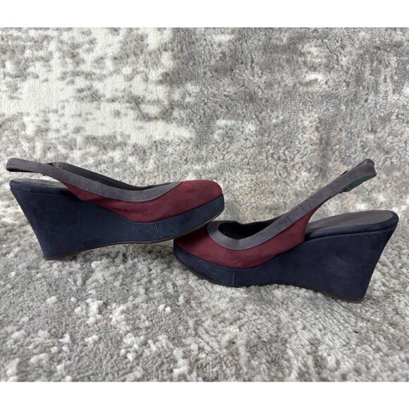 Boden Sz 36 (6) Suede Jewel-Tone Colorblock Slingback Wedge Heels Navy/Red - Picture 6 of 10